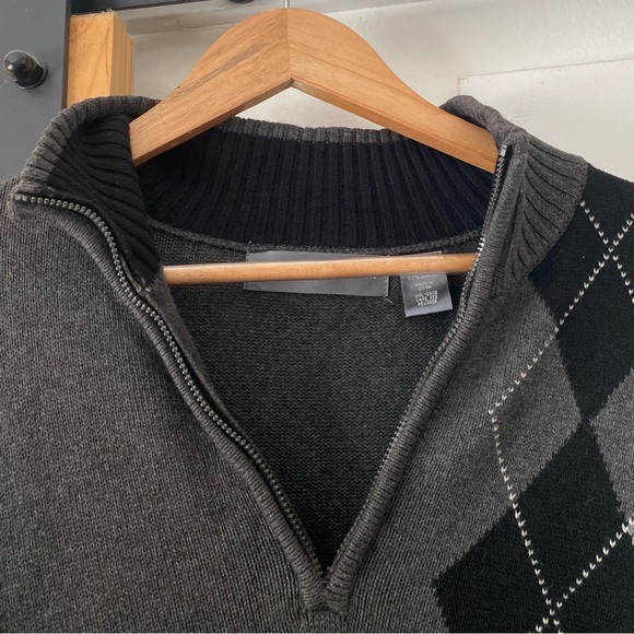Oscar de la Renta Mens 1/2 Zip Argyle Mock Pullover Sweater Grey Black - Picture 2 of 5